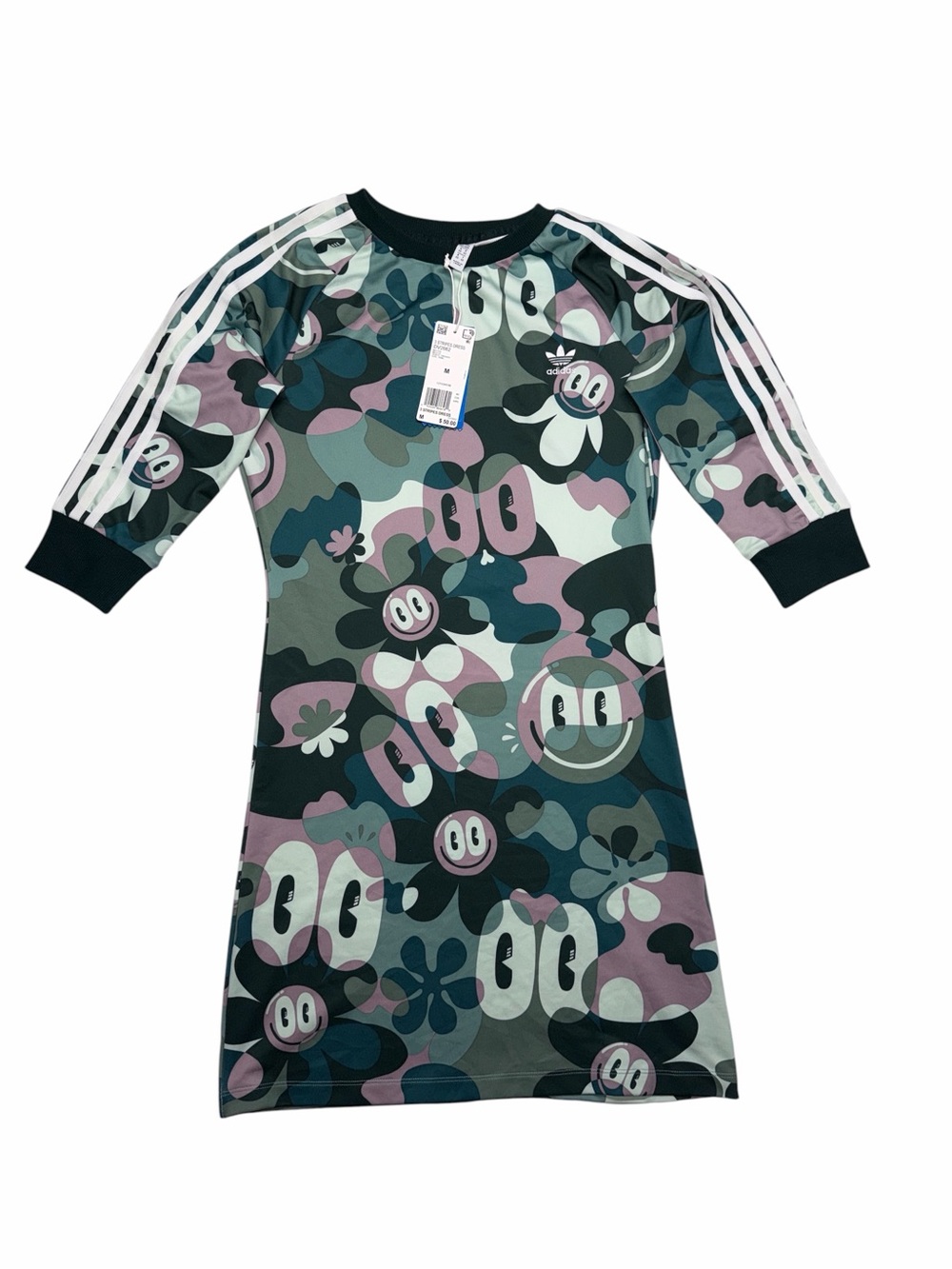Adidas x Hattie Stewart 3 Stripe Sleeve Logo Camo Daisy Smiley Face Sport Dress